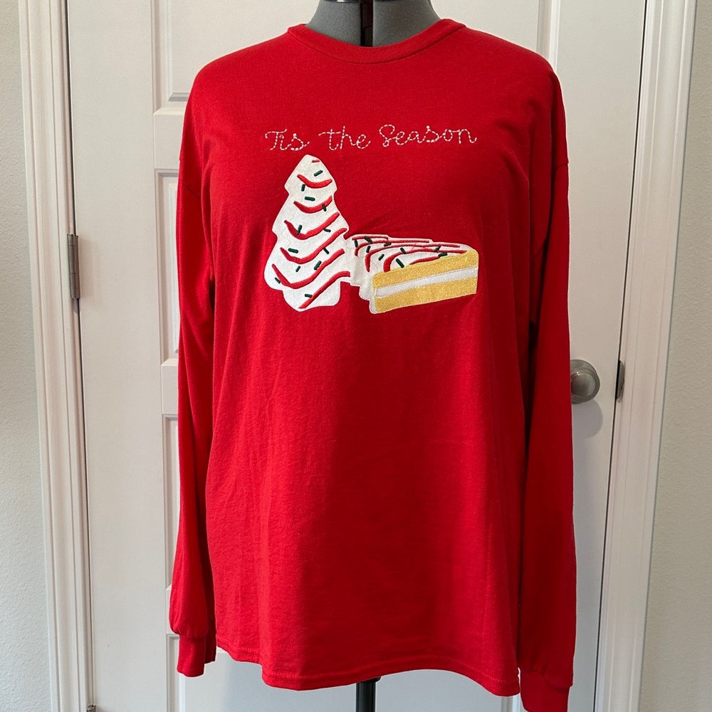 Festive Red Ladies T Shirt with Holiday Design